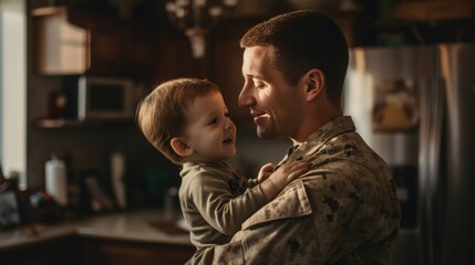 Military dad hugging baby boy at home.