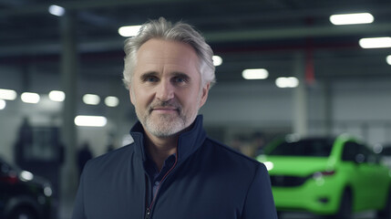 Middle-aged Caucasian man in black jacket smiles in garage with cars, content and relaxed, appreciating the vehicles