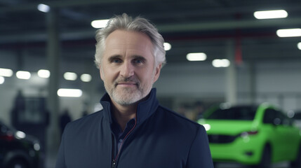 Fototapeta premium Middle-aged Caucasian man in black jacket smiles in garage with cars, content and relaxed, appreciating the vehicles