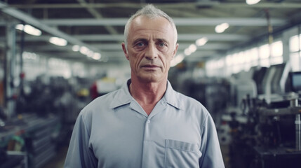Older white male in blue shirt, factory setting, serious and focused, likely experienced in manufacturing