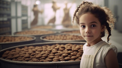 Young girl with curly hair in front of brown donuts, smiling and curious, joyful exploration in a bakery or shop.