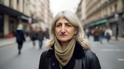 Obraz premium Middle-aged woman with white gray hair and sad expression in a European pedestrian zone, lonely and dissatisfied, conveying unhappiness