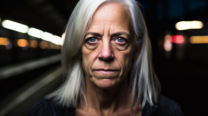 Elderly woman in deep contemplation at a subway station, exuding purpose and seriousness