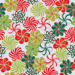 Fototapeta na wymiar Tangle-Style Art is How These Red, Green, and Platinum White Flowers that Look a Bit Like Christmas Candies Creating a Vector Seamless Repeat Pattern Design