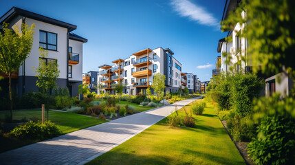 Obraz premium Peaceful residential area with well-maintained townhouses, lush greenery, and inviting pathways.