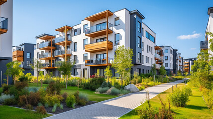 Peaceful residential area with well-maintained townhouses, lush greenery, and inviting pathways.