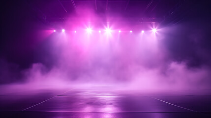 Empty fog stage in purple lighting. Nightclub spotlights
