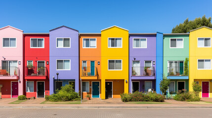 Vibrant row of colorful houses, each a unique hue in a lively street. fictional location