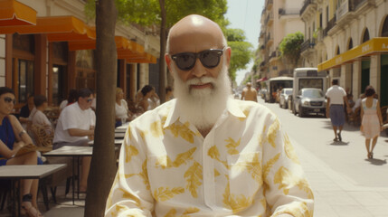 Elderly man with beard and Hawaiian shirt enjoying the vibrant street scene