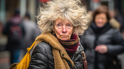 Obraz premium confused mature woman in contemplation by the water, surrounded by others, fictional location