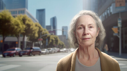 calm older woman in city street, neutral or sad thoughtful expression, reflective moment - Powered by Adobe