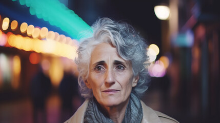 Fototapeta premium calm older woman in city street, neutral or sad thoughtful expression, reflective moment