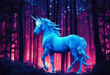 Naklejka premium AI generated illustration of a unicorn in a dreamy, magical forest, illuminated by purple light