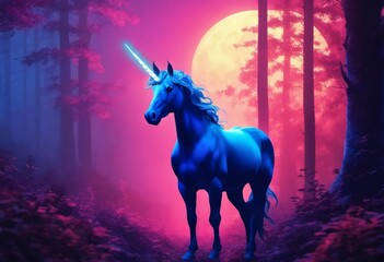 AI generated illustration of a unicorn in a dreamy, magical forest, illuminated by purple light