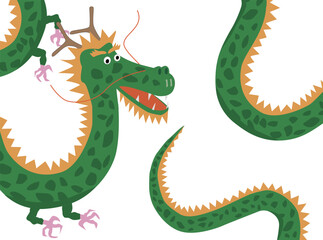 2024年の年賀のイラスト素材です。複数の辰が新年を祝っています。