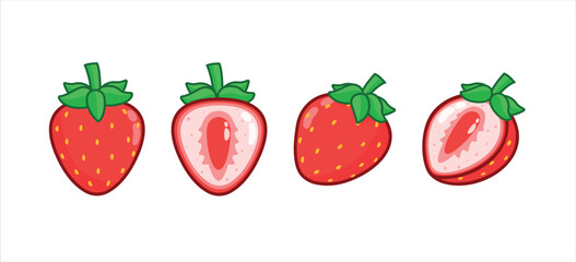 Set of fresh strawberries, whole and half strawberry in different views. Vector illustration of red berries.