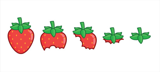 Sequence of bitten whole strawberry. Whole bitten strawberry on a white background.