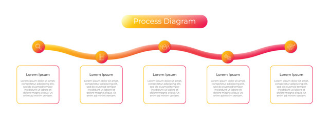 Infographic label template with five step icons and text box, Colorful, Fluid design, with gradation or gradient. For presentations, infographics, flowcharts.
