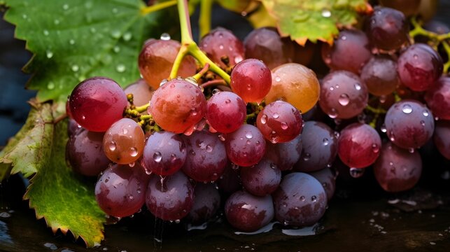 AI generated illustration of a cluster of juicy grape with water droplets glistening in the light