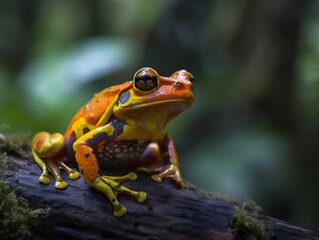 AI generated illustration of a small frog perched on a tree branch, gazing forward with bright eyes