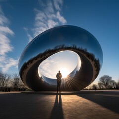 AI generated illustration of a person standing in awe beside a giant metal sculpture