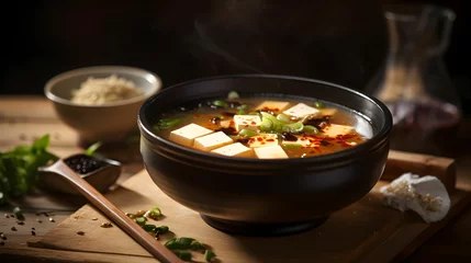 Foto op Canvas AI generated illustration of a steaming hot and sour soup in a bowl © Wirestock