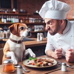 fussy dog in restaurant - obrazy, fototapety, plakaty
