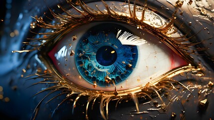 AI generated illustration of a closeup of an open eye with a golden paint