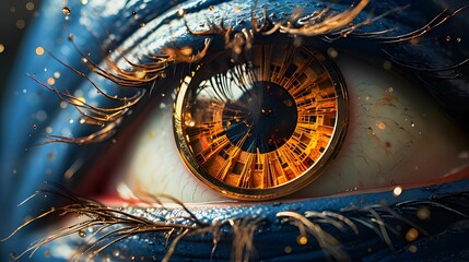 AI generated illustration of a close-up of a robotic eye with a golden paint