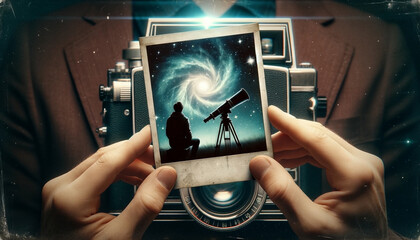 An image of a person holding a Polaroid photograph, within which is an image of the person looking at a galaxy with a telescope next to him - Generative AI