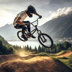 Fototapeta premium person jumping high on their bmx bike