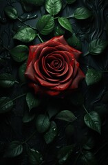 red rose grown in the middle of green leaves