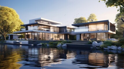 Fototapeta na wymiar 3d rendering of modern house by the river at morning, house, luxury, villa, modern, architecture, building, exterior, residential, property, designer
