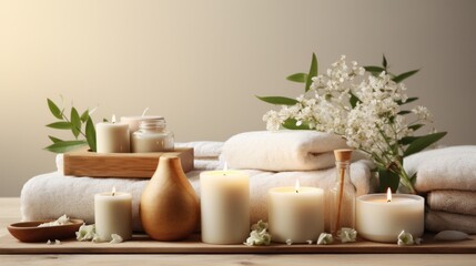 Beautiful spa treatment composition such as Towels, candles, essential oils, Massage Stones on light wooden background. blur living room, natural creams and moisturizing Healthy lifestyle, body care