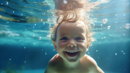 Fototapeta na wymiar Cute smiling child having fun swimming and diving in the pool at the resort on summer vacation. Sun shines under water and sparkling water reflection. Activities and sports to happy kid