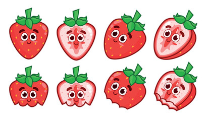 Set of cute happy strawberries. Animated fruit character. Whole strawberries, halves, and bitten ones.
