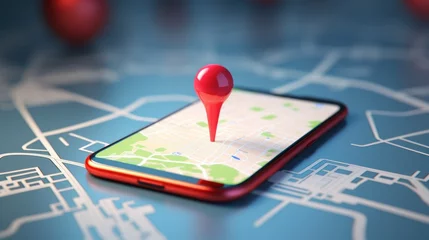 Foto op Plexiglas Smartphone with map, 3D Map pins, GPS, navigator pin checking points, 3D World Map icon, technology and application mobile smart phone with mobile, delivery tracking, transportation, generate by AI © pinkrabbit