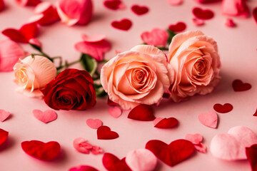 Bright red roses and hearts as a background for Valentine's Day celebration