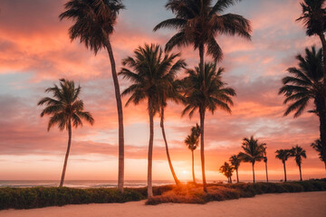 Fototapeta na wymiar Palm trees on the tropical shore during sunset. Vacation concept