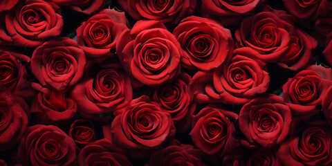 Crimson Petal Mosaic, Red Roses as a Background. Blooming Scarlet, Red Roses Creating a Vivid Background.