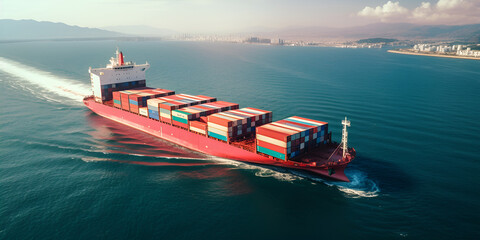 Aerial Panorama Cargo Ship Carrying Containers .High Above the Ocean, Cargo Ship Carrying Containers.