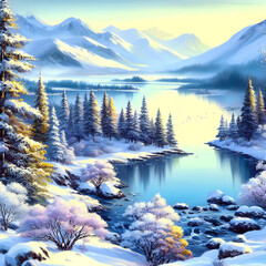 Pristine winter reflections of serene beauty in painting design