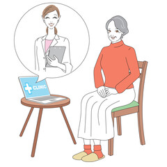 スマートフォンでオンライン診療を受けるシニア女性