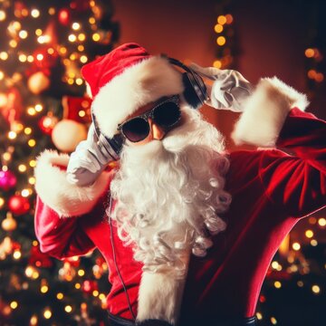 santa with headphones and sunglasses dancing