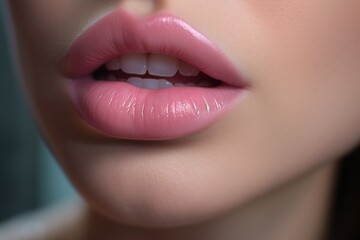 Closeup of beautiful young woman's lips with glossy pink lipstick.