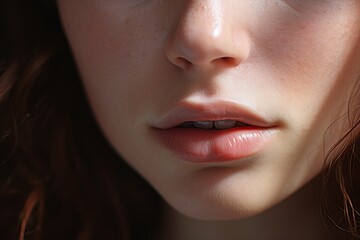 Naklejka premium Beautiful young woman with red lips. Close-up portrait.