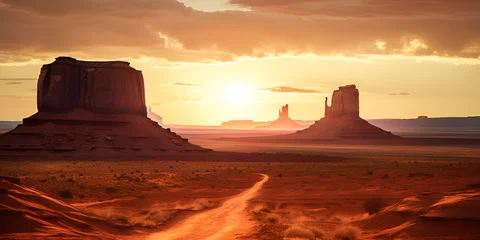 Foto op Plexiglas Sunset over a desert road in monument valley in the style of photorealistic landscapes. Sundown Symphony, Desert Road in Monument Valle. © Mustafa