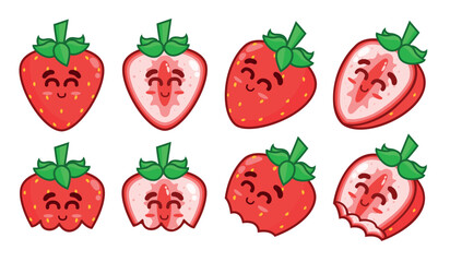 Set of relaxed strawberries. Animated fruit character. Whole strawberries, halves, and bitten ones.