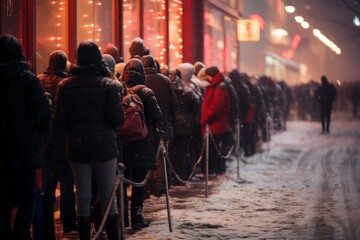  A queue of people bundled up in winter clothing, waiting outside in the snow, likely for an event or service, with warm lighting in the background.