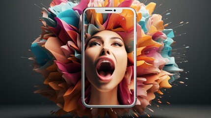 A dynamic image showcases a woman's face emerging vibrantly from a smartphone screen, surrounded by an explosion of colorful abstract shapes.